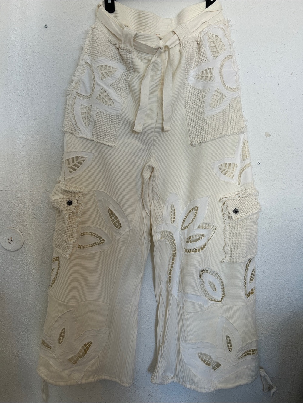 RARE! Free People Cream Wide-Leg Embroidered Cargo Pants